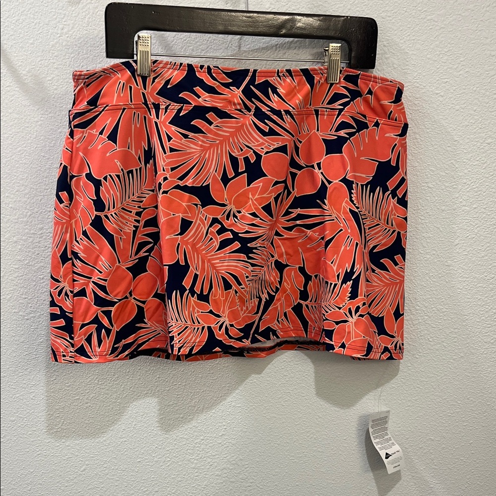 Lands' End Coral Leaf-Print Mini Swim Skourt in Navy and Coral